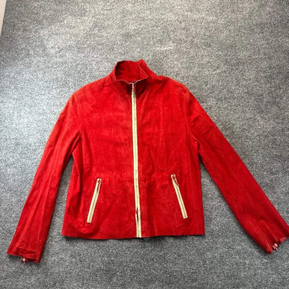 YANKO Suede Leather Moto Jacket Womens 40 Red Long Sleeve Full Zip Outerwear